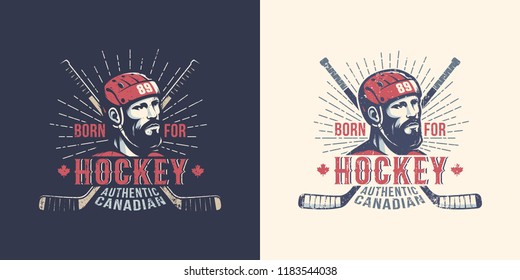 Vintage Canadian hockey logo with  bearded player and crossed sticks.