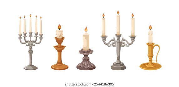 Vintage candelabros, castiçais. Velhas velas pilar em castiçais, candelabro velho com vários ramos, design ornamentado. Ilustração de vetor de desenhos animados planos isolada sobre fundo branco