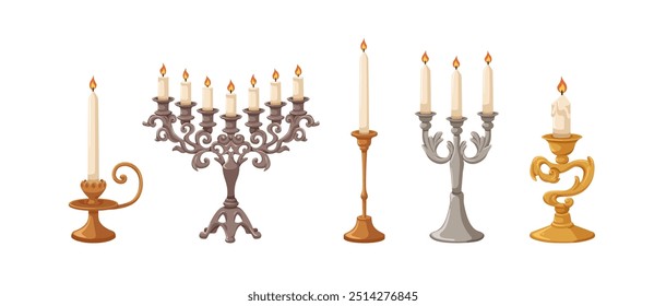 Vintage candelabra, candleholders, candlesticks set. Elegant retro old style candle holders, candelabrum, festive light decorations. Flat cartoon vector illustration isolated on white background