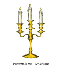 Vintage candelabrum with candles color sketch engraving vector illustration. T-shirt apparel print design. Scratch board imitation. Black and white hand drawn image.