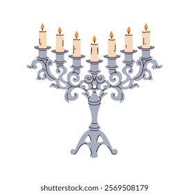 Vintage candelabrum. Multi-branched candleholder for lit candles. Elegant antique old holder with ornate design, light decor in baroque style. Flat vector illustration isolated on white background