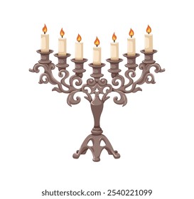 Vintage candelabrum with multiple candleholders. Candles, lighting decoration, ornate metal candlesticks, holders, candelabra in classic design. Flat vector illustration isolated on white background