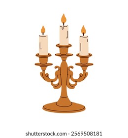 Vintage candelabrum with taper candles. Light decoration, three-branched candleholder. Retro metal brass holder in old medieval style. Flat graphic vector illustration isolated on white background