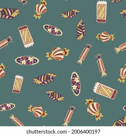Vintage candies seamless pattern, hand-drawn candies and bonbons, retro confectionary variation repeat pattern, wrapping paper, sweets on blue background