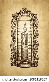 Vintage candle clock. Ink sketch on old paper background. Hand drawn vector illustration. Retro style stroke drawing.