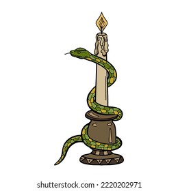 Vintage candle holder with a burning candle wrapped around a poisonous snake. Candle for the ritual. Vector doodle illustration