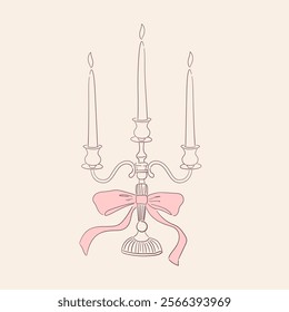 Vintage candle holder in contemporary line art style. Hand drawn elegant candlestick with pink coquette bow. Ornate vector illustration for card, poster, print design