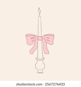 Vintage candle holder in contemporary line art style. Hand drawn elegant candlestick with pink coquette bow. Ornate vector illustration for card, poster, print design