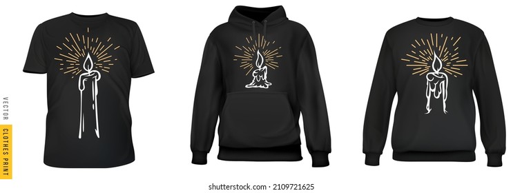 Vintage candle print. Set realistic t-shirt, sweatshirt, hoodie base cloth isolated on simple background. Mockup for branding man or woman fashion. Design casual template. 3d vector illustration.