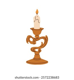 Vintage candleholder, chamberstick with candle. Ornate baroque candlestick design, light decoration holder, candlelight in retro style. Flat cartoon vector illustration isolated on white background