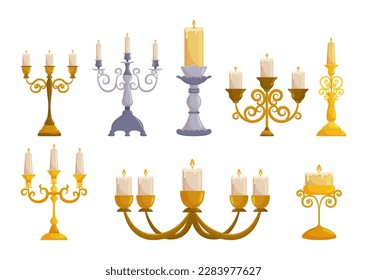 Vintage Candleholder Set Crafted From Metal, Features Intricate Detailing And A Rustic Finish. Perfect For Creating An Antique Ambiance And Adding Elegance To Any Decor. Cartoon Vector Illustration