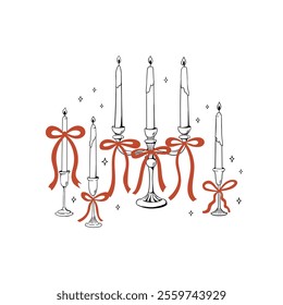 Vintage candles and candelabra with red bows. Hand drawn vector illustration in sketch style