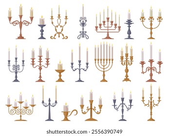 Vintage candles. Candlestick collection with burning candles recent vector illustrations with gold and bronze candelabrum