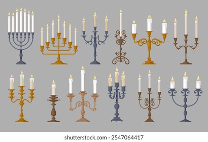 Vintage candles. Retro candelabrum with burning flames of candles recent vector cartoon illustrations