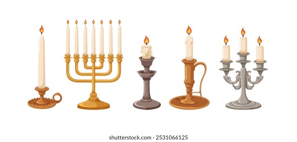 Vintage candles in retro-style candlesticks, candelabra, set. Antique candleholders with classic designs. Decorative holders, candelabrum. Flat vector illustration isolated on white background