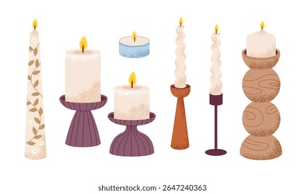 Velas vintage ajustadas. Vela de cera aromática aconchegante com castiçal. Aromaterapia e relaxamento. Ilustração de vetor plano.