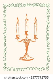 Vintage candlestick. Antique candelabra in old retro style. Ancient candle holders, fire light decoration. Candleholder design. Vintage postcard, opening, card 