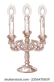 Vintage candlestick with candles. Old chandelier engraving style. Sketch vector illustration