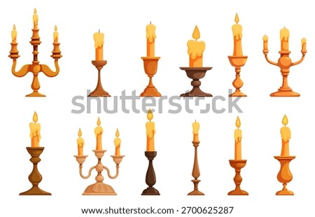 Vintage candlestick. Stylish candlesticks burning candles, retro style elements. Medieval style lighting. House or cafe decorations, cartoon sapid vector clipart