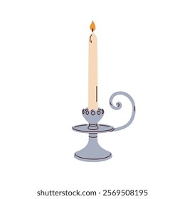 Vintage candlestick with tall taper candle. Silver metal candleholder in retro style. Old holder, light decoration, pillar in chamberstick. Flat vector illustration isolated on white background