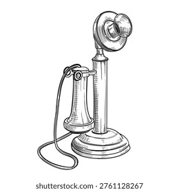 vintage candlestick telephone vector line art hand drawn illustration