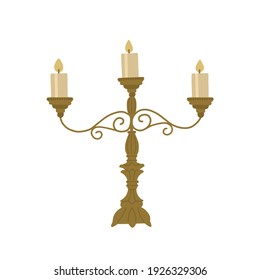 Vintage candlestick with three burning candles. Vector illustration isolated on white background