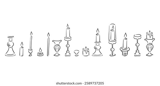 Vintage candlesticks and candles vector set, whimsical hand drawn candlesticks and candles set