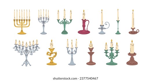 Vintage candlesticks set. Antique candelabra in old retro style. Ancient candle holders, fire light decorations. Candleholders designs. Elegant home decoration. Isolated flat vector illustrations