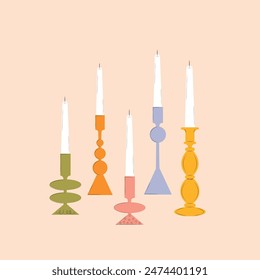 Vintage candlesticks set. Antique candelabra in old retro style. Ancient candle holders, fire light decorations. Candleholders designs. Elegant home decoration. Isolated flat vector illustrations