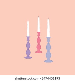 Vintage candlesticks set. Antique candelabra in old retro style. Ancient candle holders, fire light decorations. Candleholders designs. Elegant home decoration. Isolated flat vector illustrations