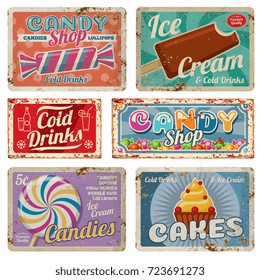 Vintage candy shop metal signs with rusty texture. Vector set candy shop and cold drinks metal old banner illustration