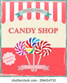 Vintage Candy Shop Poster Template, Vector Illustration