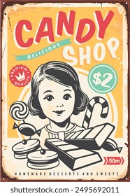 Vintage candy shop sign with cute little girl graphic and various candies and sweets. Retro poster design. Candy food vector illustration.