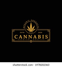 Vintage Cannabis Rectangle Stamp Logo Design