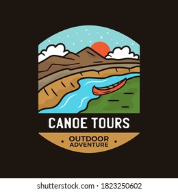 Vintage canoe tours logo, camping adventure emblem design with mountains, canoe boat and river. Unusual line art retro style sticker. Stock vector