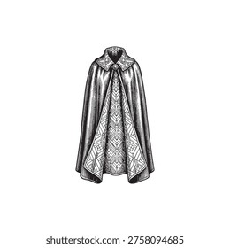 Vintage cape illustration with detailed pattern, fashion design, white background, cold weather, outer garment