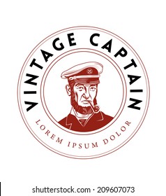 Vintage Captain Emblem. Bearded Ship Captain Smoking Pipe