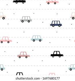 Vintage car background, cartoon pattern with pastel colors and patterned notebook Lovely seamless texture for children. The design used for publication, wrapping paper, textiles, vector illustrations