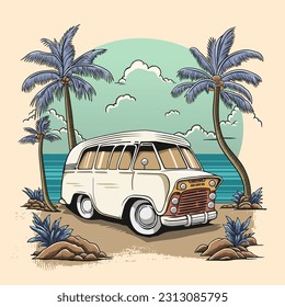 Vintage Car in Beach Summer Time Vector Illustration