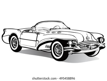 Vintage car cabriolet roofless, sketch, coloring book, black and white drawing, monochrome. Retro cartoon transport. Vector isolated illustration