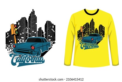 vintage car. california city life. illustration tee print design. sticker, or poster. vector cars typography illustration graphic design for print.