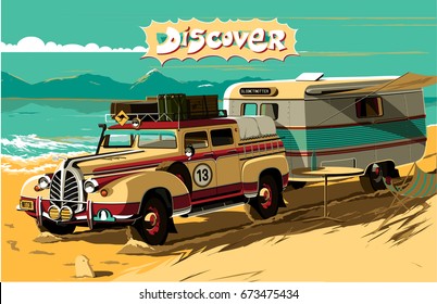 Vintage car with a camping trailer by the sea for prints, posters, postcards, t-shirts