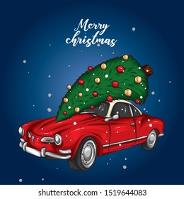 Vintage car with a Christmas tree on the roof. Retro car. Vector illustration. Winter and New Year. Snow.