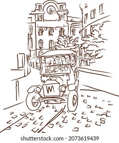 Vintage car in city sketch. perspective view and cityscape panorama of Lisbon ,hand drawn, sketch style, isolated, vector, illustration.