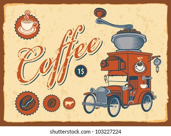 vintage car with coffee grinder on roof