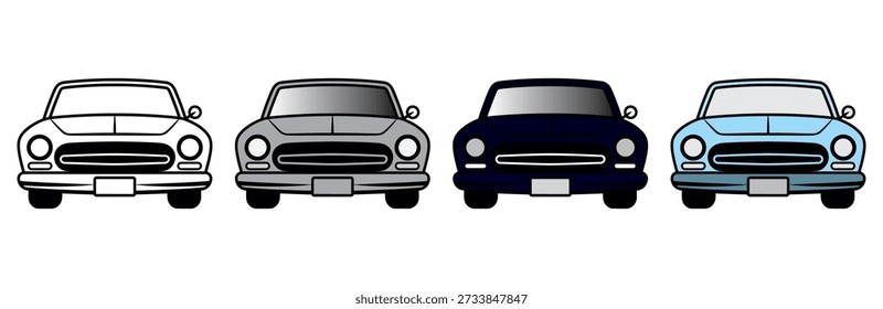Vintage car collection front view illustration classic retro vehicles lineup black and white