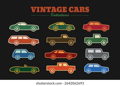 Vintage car collections in simple flat badge vector illustration. Collectable item classic car logo icons set