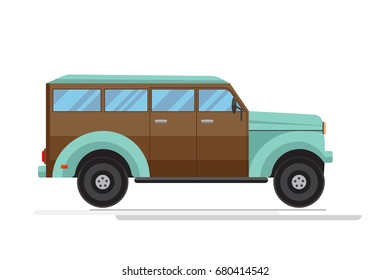 Vintage car colored in brown and blue. Isolated on white background