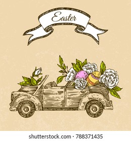 Vintage car with colored Easter eggs decorated with flowers. Engraving style. Vector illustration.