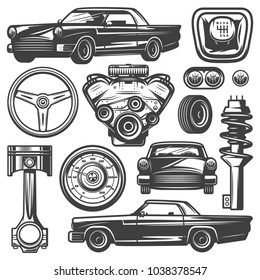 Vintage car components collection witn automobile motor engine piston steering wheel tire headlights speedometer gearbox shock absorber isolated vector illustration